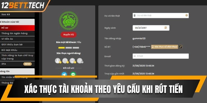 Xác thực tài khoản theo yêu cầu khi rút tiền
